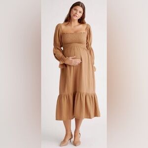 NWT - Quince Organic Cotton Gauze Maternity Smocked Ruffle Hem Midi Dress - XS
